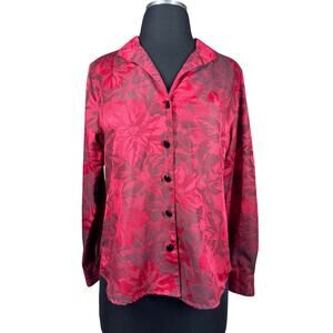 Foxcroft No Iron Red Floral Button Up Textured Blouse Top Long Sleeve 8P Shaped